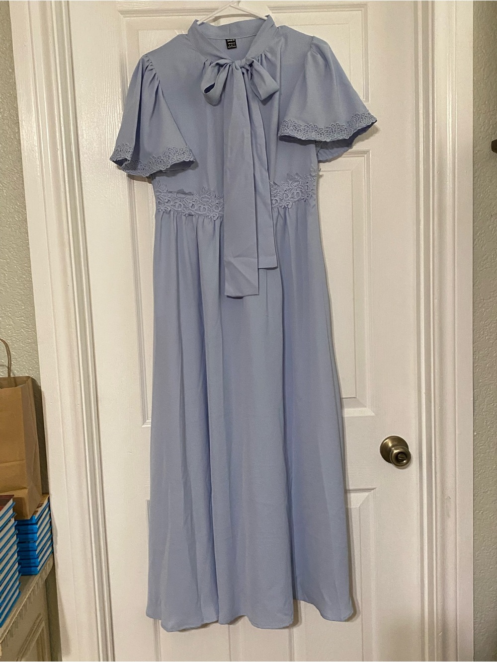 Light Blue Bow-Neck Maxi Dress with Lace Waist Detail
